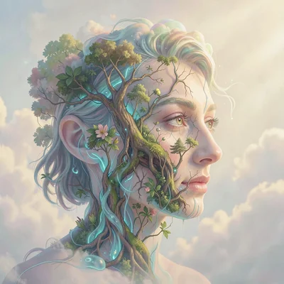 Neural network style illustration, face with nature growing from features , diff