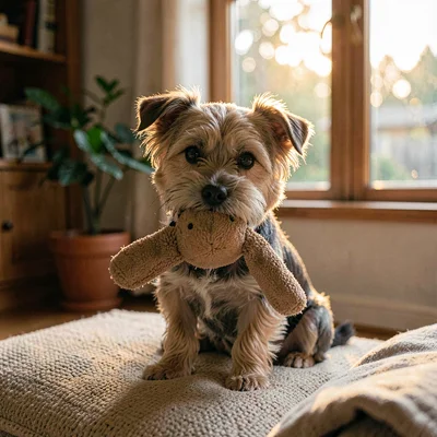 Cozy interior of a small terrier with a stuffed plush toy in its mouth, warm win
