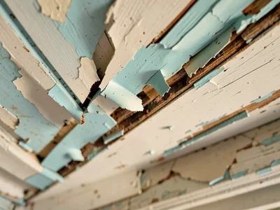 Porch ceiling paint peeling in long strips, revealing pale blue "haint blue" und