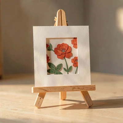 Papercraft ig-tile of a small paper-cut print on a paper-cut easel, soft warm sh