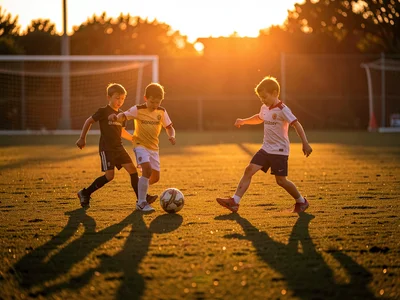 Children playing soccer in evening light
