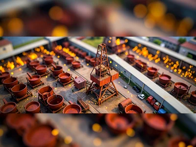 Furnace-deck tilt-shift photograph of a steel mill yard, saturated rust-red ladl