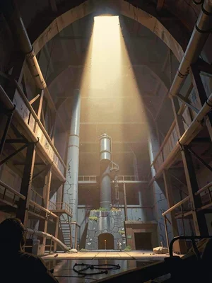 Skeletal coal-fired power plant interior pierced by a single ceiling shaft, warm