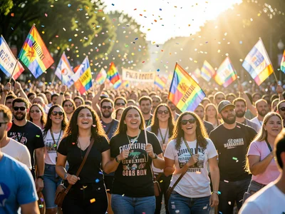 Crowd marching in pride parade with banners and flags, confetti falling, sunny