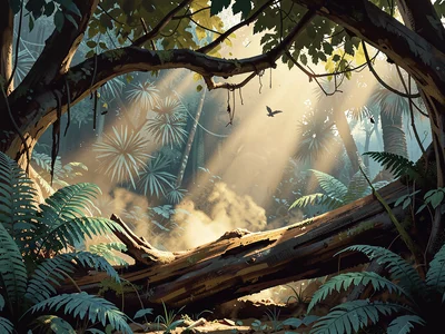 Tropical rainforest with a single canopy beam striking a rotting log, warm gold 