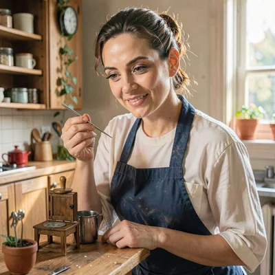 Set-dresser portrait holding tweezers over a miniature kitchen, painterly soft l