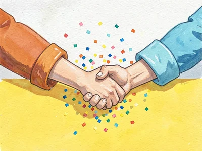 Two friends mid-handshake across a flat lemon-yellow table, sleeves rolled up, c