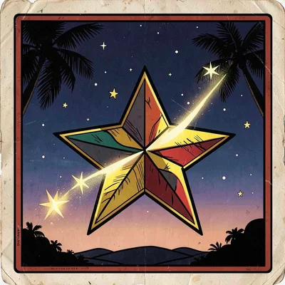 Mexican lotería card illustration, a star with trailing light across the night s