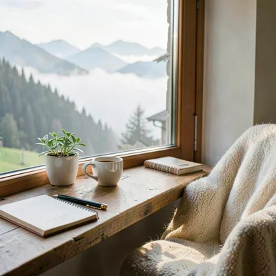 Fresh Alpine atmosphere, gentle pastoral quality, Morning coffee in simple white