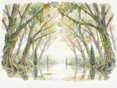 A broad painterly canopy of moss-laden branches forms a soft cathedral over slow