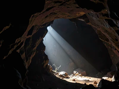 Shaft of light in cave entrance