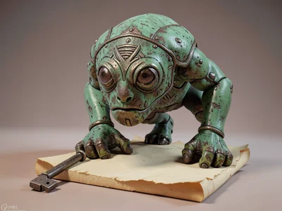 Crouched bronze-plate golem with weathered green patina and deep-set carved eye-