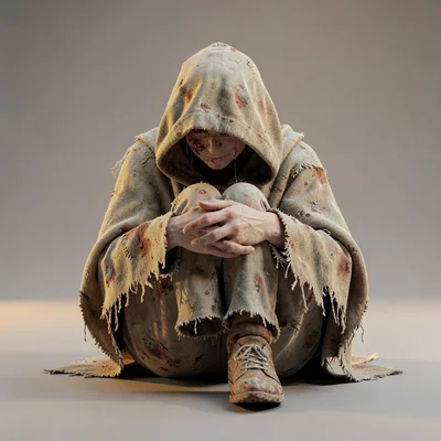 A wanderer sits hugging knees against the chest, frayed cloak hood pulled fully 
