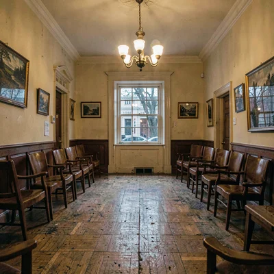 Atmospheric photo of a small community theater lobby at evening with worn parque