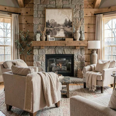staged cabin great room with neutral throws and styled mantel, listing photo