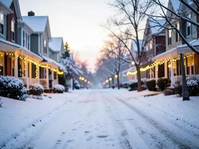 Fresh snowfall on quiet suburban street, houses decorated with lights, dawn