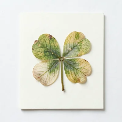 A single perfect pressed four-leaf clover on a small card, the detail of each le