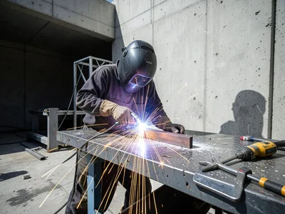 A welder in a fabrication shop, face hidden behind an auto-darkening helmet, arc