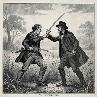 A duel at dawn in misty field