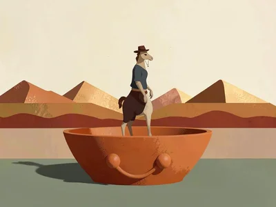Far figure on a llama dot-anchors a rust-orange basin under a cream sky, copper 