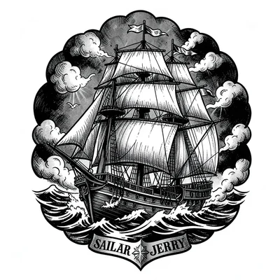 Traditional tattoo flash illustration, Clipper ship with full sails on stormy se