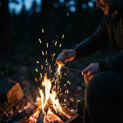 Campfire close-up with marshmallow on stick, sparks rising, night