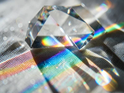 Spectral band projected through a crystal ball onto a textured linen surface, ea