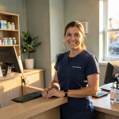 Practitioner portrait of a friendly pharmacy clerk at the register, warm afterno
