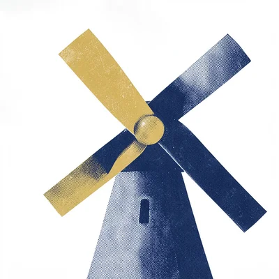 abstract halftone-banded windmill silhouette dominating the upper half with thre