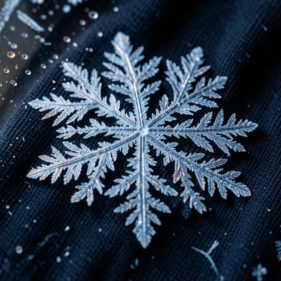 Individual snowflake on dark fabric, hexagonal crystal structure with branching 
