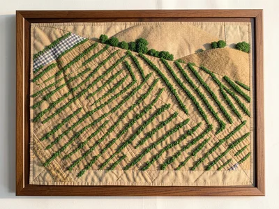 A vineyard from above with precise rows of green stitching on tan linen hillside