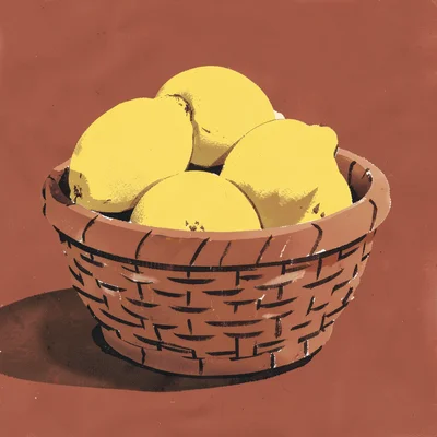 Close-up of a woven basket filled with lemons, flat yellow on rust red
