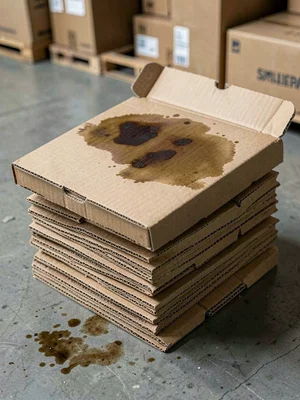 Pizza box stack, grease stains making translucent patches, food delivery archaeo
