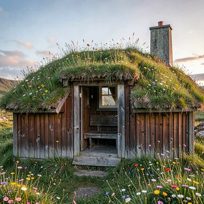 a Norwegian sod-roofed cabin at clear midsummer evening, grass roof bright with 