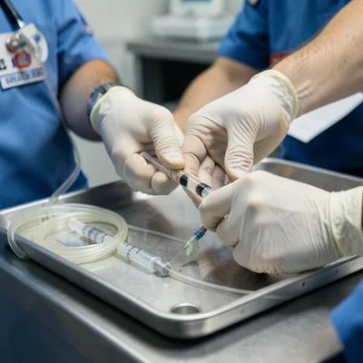 EMT hands preparing IV line — close-up of gloved hands with syringe and tubing o