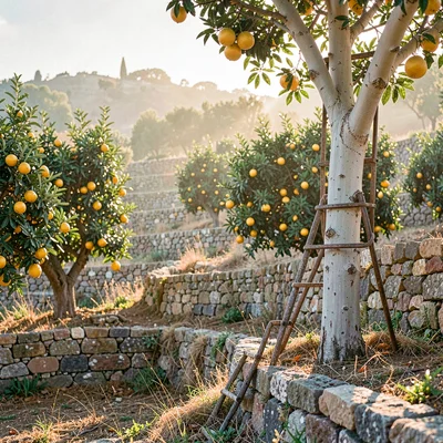 a Mediterranean stone-walled lemon grove at golden hour, terraced rows softening