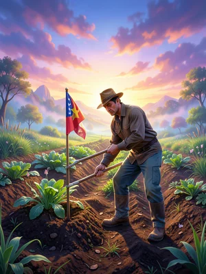 Person planting flag in freshly tilled garden plot, determined pose