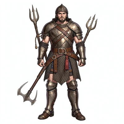 Fantasy armor illustration, a gladiator's minimal armor with net and trident hol