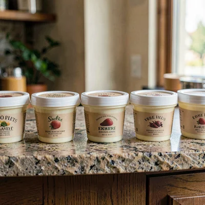 Vertical of a stone counter with a row of capped yogurt jars ready to ship