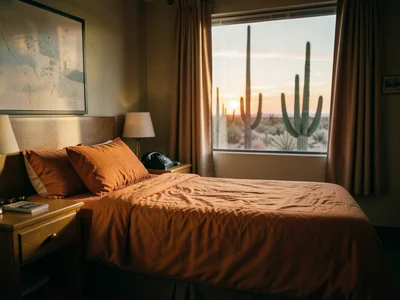 A motel room in the desert, burnt orange bedspreads, a window showing cacti and 