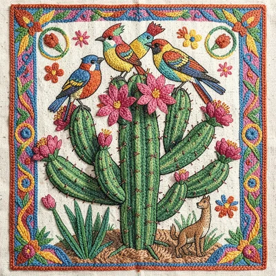 Otomi Tenango embroidery illustration, flowering cactus with birds perched atop 