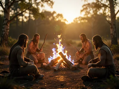 Stone age campfire circle but flames are holographic, cavemen silhouettes