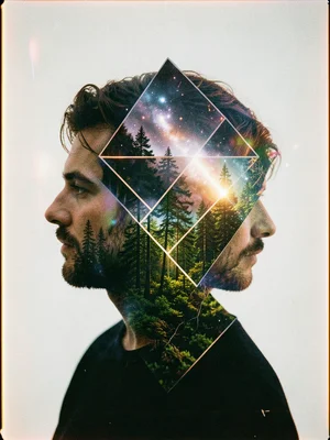 Double exposure of father's profile with forest landscape, geometric overlay