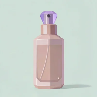 Slender dusty-pink lowpoly perfume bottle with a faceted lavender atomizer bulb,