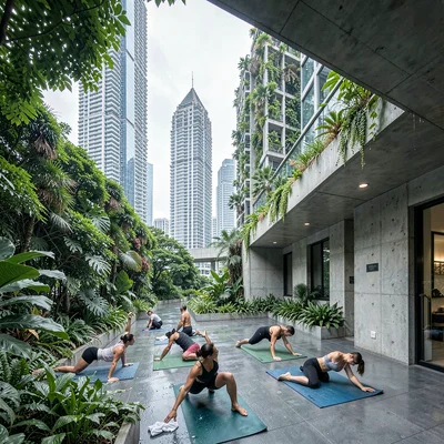 Singapore tropical modernism, green claiming grey, Yoga class on sky deck, parti