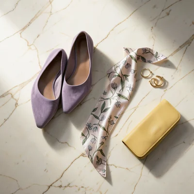 A fashion flat lay on cream marble — a pair of lavender suede mules, gold hoop e