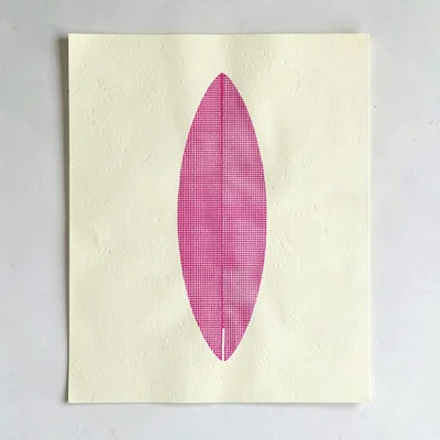Riso campaign motif of a halftone surfboard silhouette in pink and sage over but