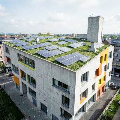 Post-war reconstruction modernism, Rotterdam radical geometry, Solar panels form