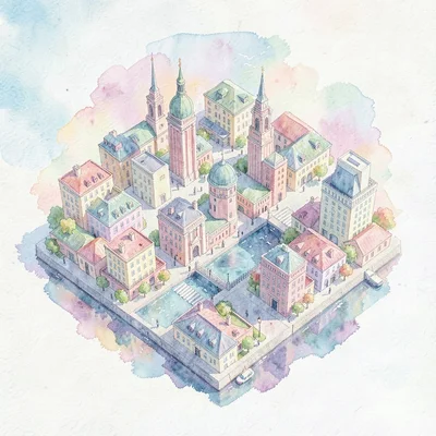 Painterly motion-design style frame of a rotating isometric cityscape in pastel 