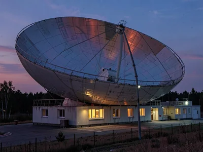 Radio telescope dish reflecting twilight colors